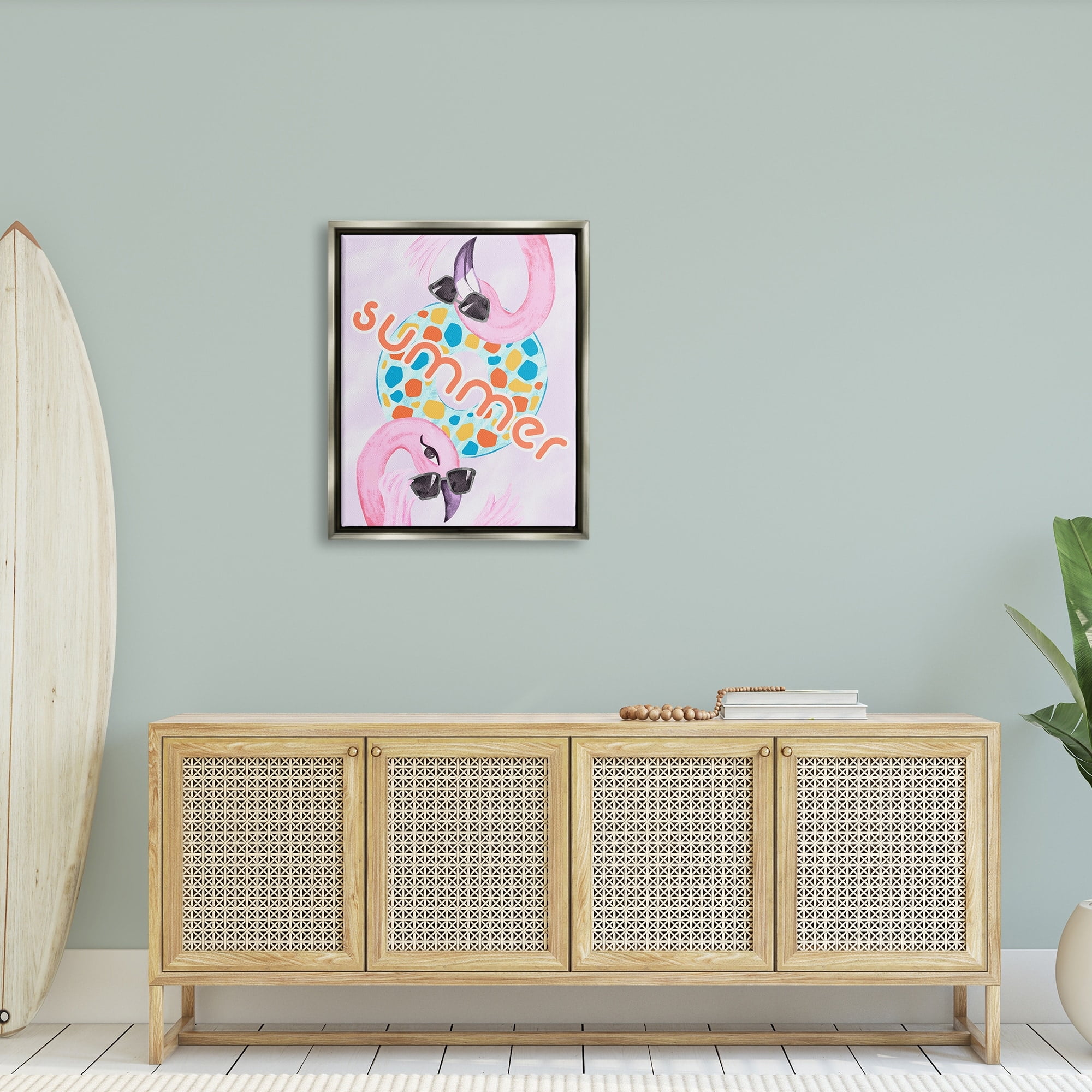 Stupell Industries Pink Summer Flamingos Pool Float Tropical Sunglasses Graphic Art Luster Gray Floating Framed Canvas Print Wall Art, Design by Ziwei Li