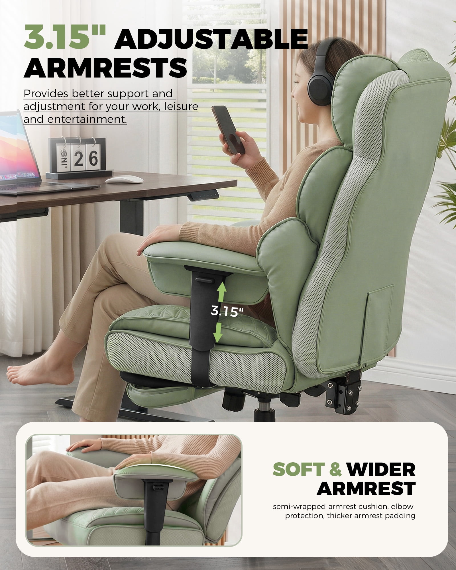 CloudRest Pro 400lbs Executive heavy duty office chair, High Back Ergonomic Computer Desk Chair with Lumbar Back Support,Green