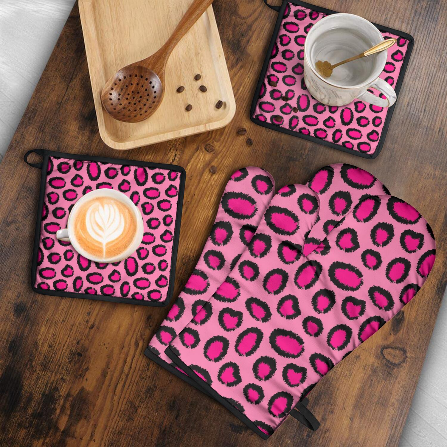 Leopard Print Oven Mitts and Pot Holders Set Of 4, Heat Resistant Kitchen Gloves with Non-Slip Grip, Hanging Loop, Soft Cotton Lining for Baking, Cooking, Grilling, Barbecue