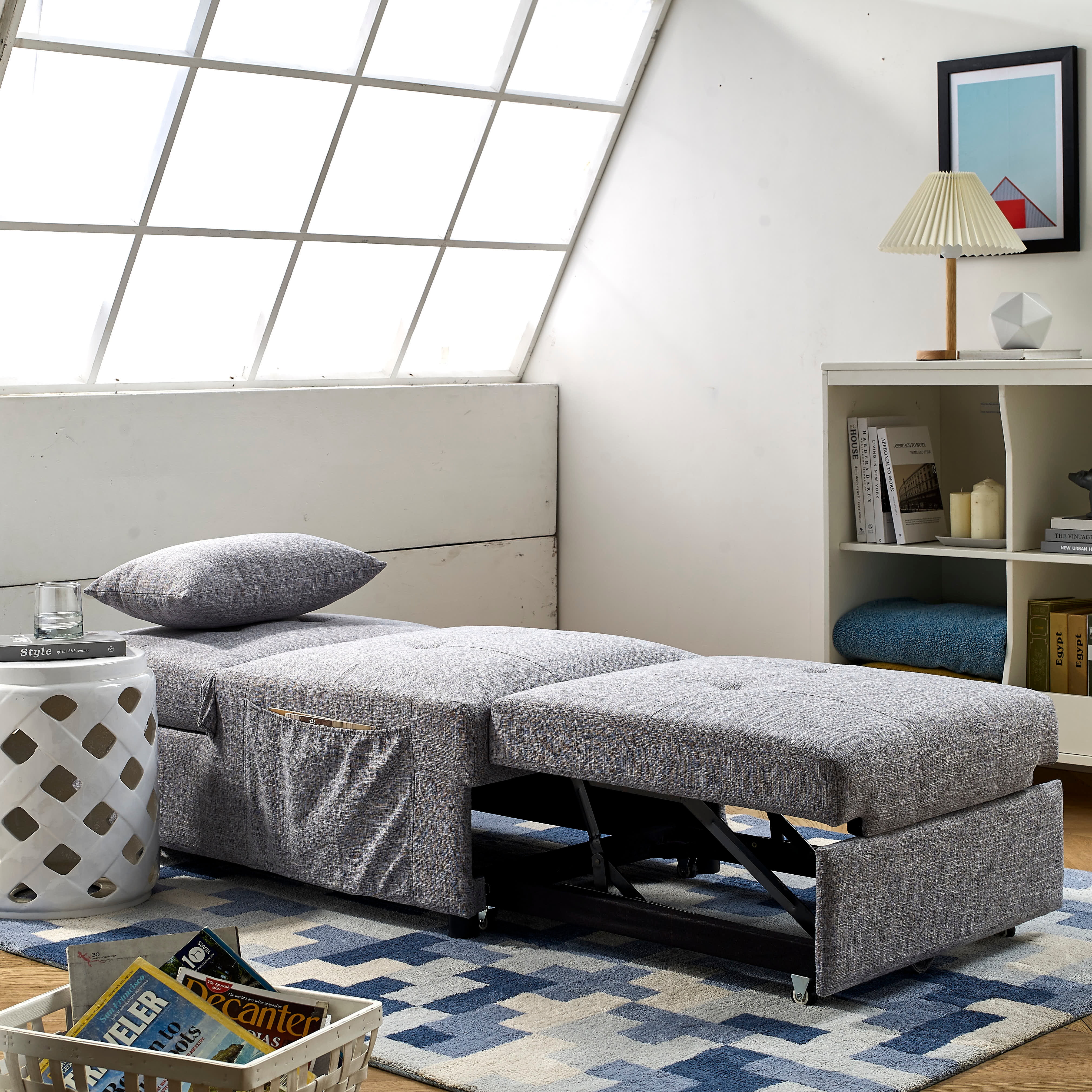 AUKFA Futon Chair with Lumbar Pillow and 3 Side Pockets - Convertible Chair  Sleeper Bed - 4 in 1 Ottoman Bed Tufted Fabric Gray for Small Space Living  - Walmart.com