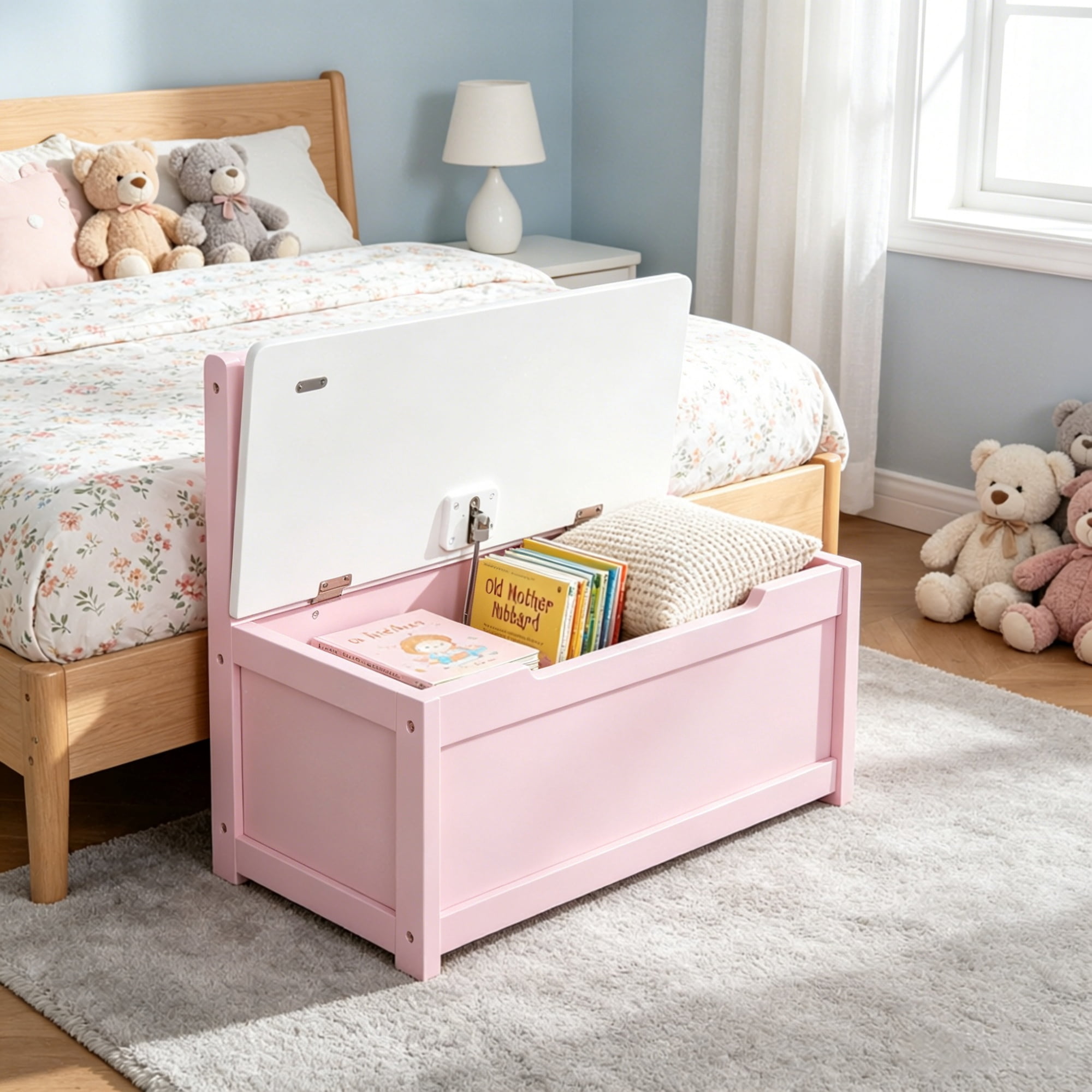 Storage Bench Toy Box Chest with Large 27L Interior Toy Organizer with Top Lid And Backrest for Nursery Playroom Bedroom Furniture 24" x 12" x 20", Pink