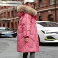 thumbnail image 2 of Generic Little/big Kids Girls 2024 New Winter Thick Coat Hooded Furry Collar Solid Color Zipper Button Coat with Pockets for Holiday Winter Party Christmas（7-8 Years Red）, 2 of 8