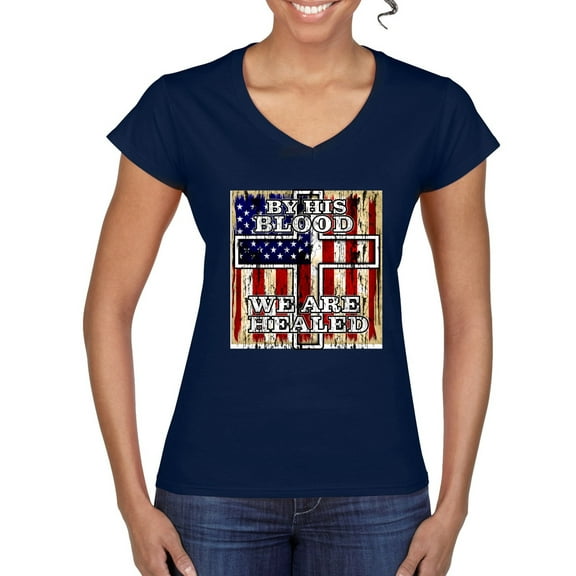 By His Blood We Are Healed Inspirational/Christian Women's Standard V-Neck Tee, Navy, X-Large