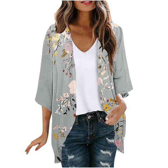 Ecqkame Womens Lightweight Cardigan Casual Floral Print Open Front 3/4 Sleeve Cover Up Summer Versatile Daily Shrugs Boleros Gray M