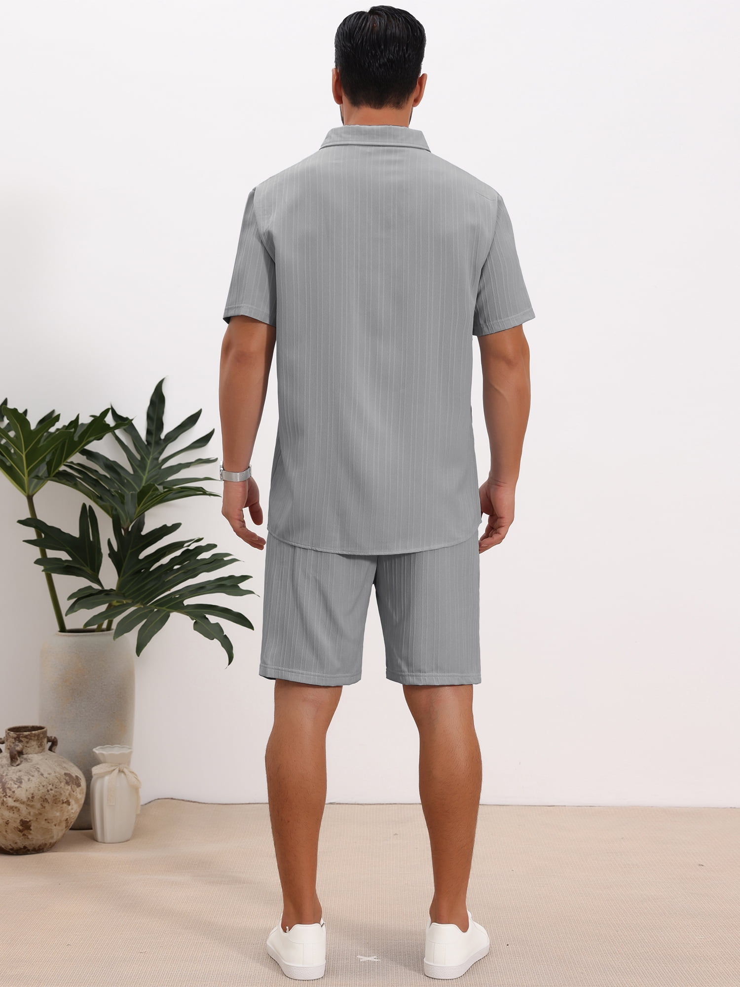 DARING DIVA Men's 2 Pieces Beach Shirt & Shorts Striped Textured Outfits 3XL Gray