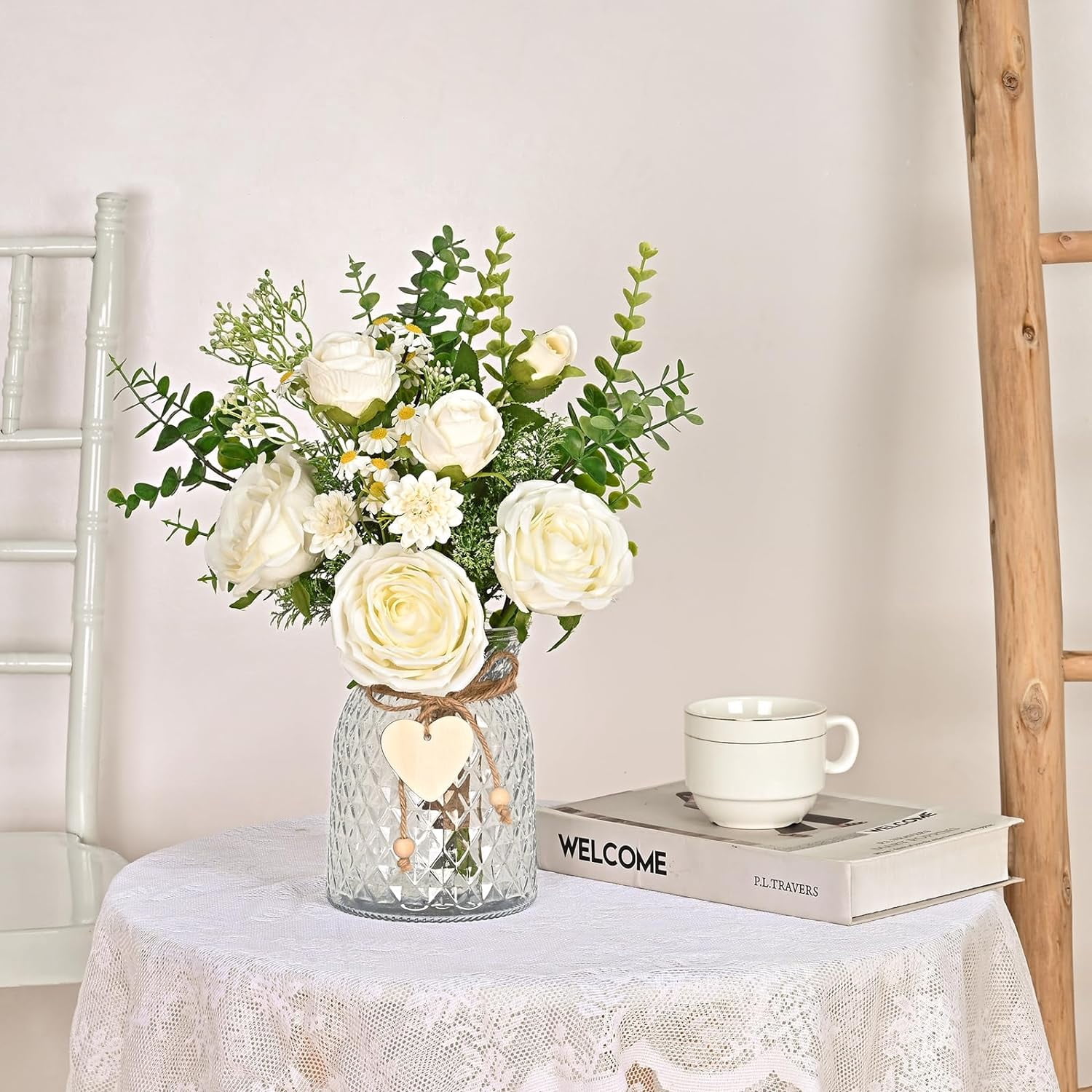 Faux Flowers in Vase, Fake Flowers with Vase, Silk Roses in Vase Faux Flower Arrangements in Vase Floral Centerpieces for Dining Room Table Living Room Office Kitchen Bathroom