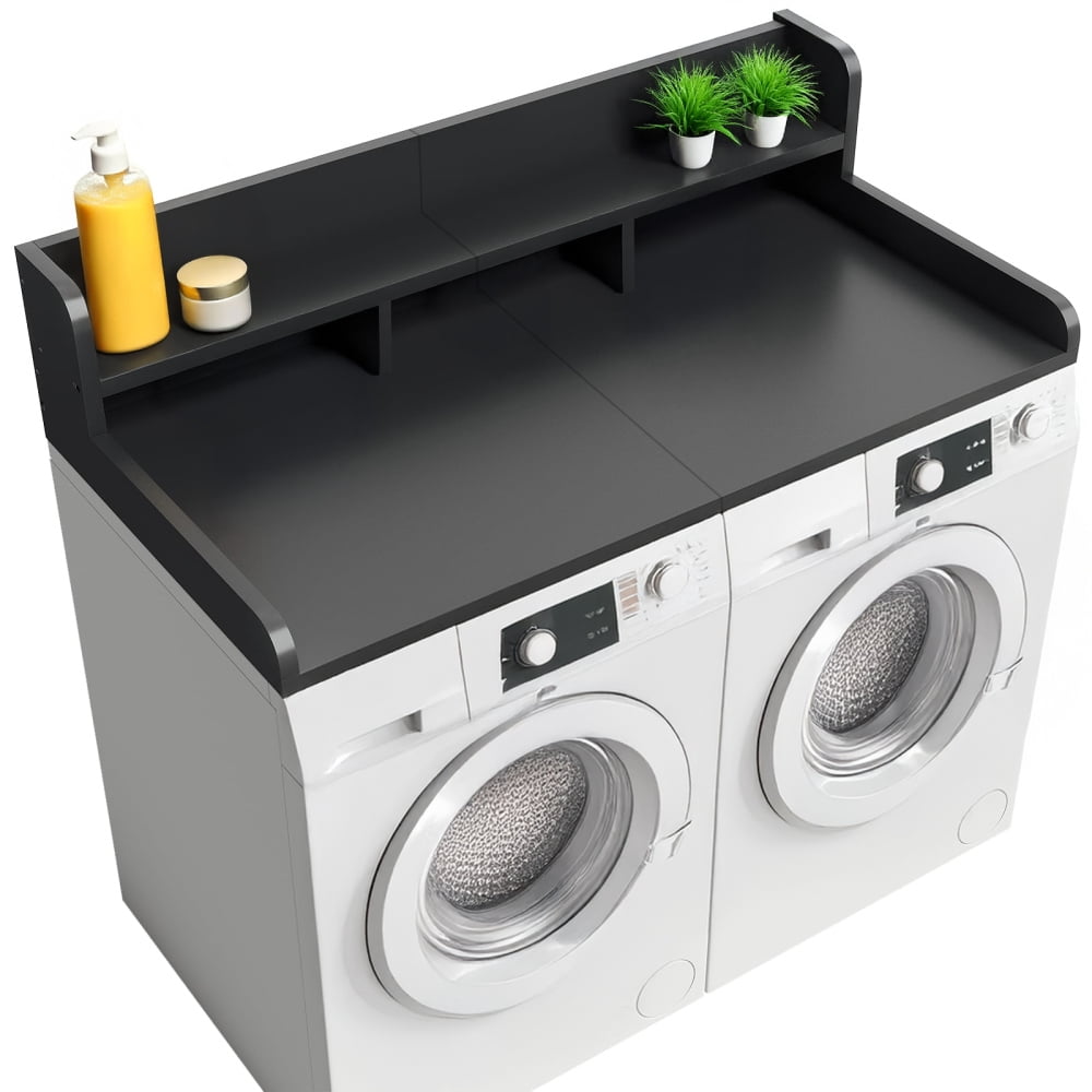 2-Tier Washer Dryer Countertop with Edge Rails, Washer and Dryer Double Topper, Water-Resistant Laundry Topper for Laundry Hamper Counter Storage, Black, 54" W x 27.5" D, Black