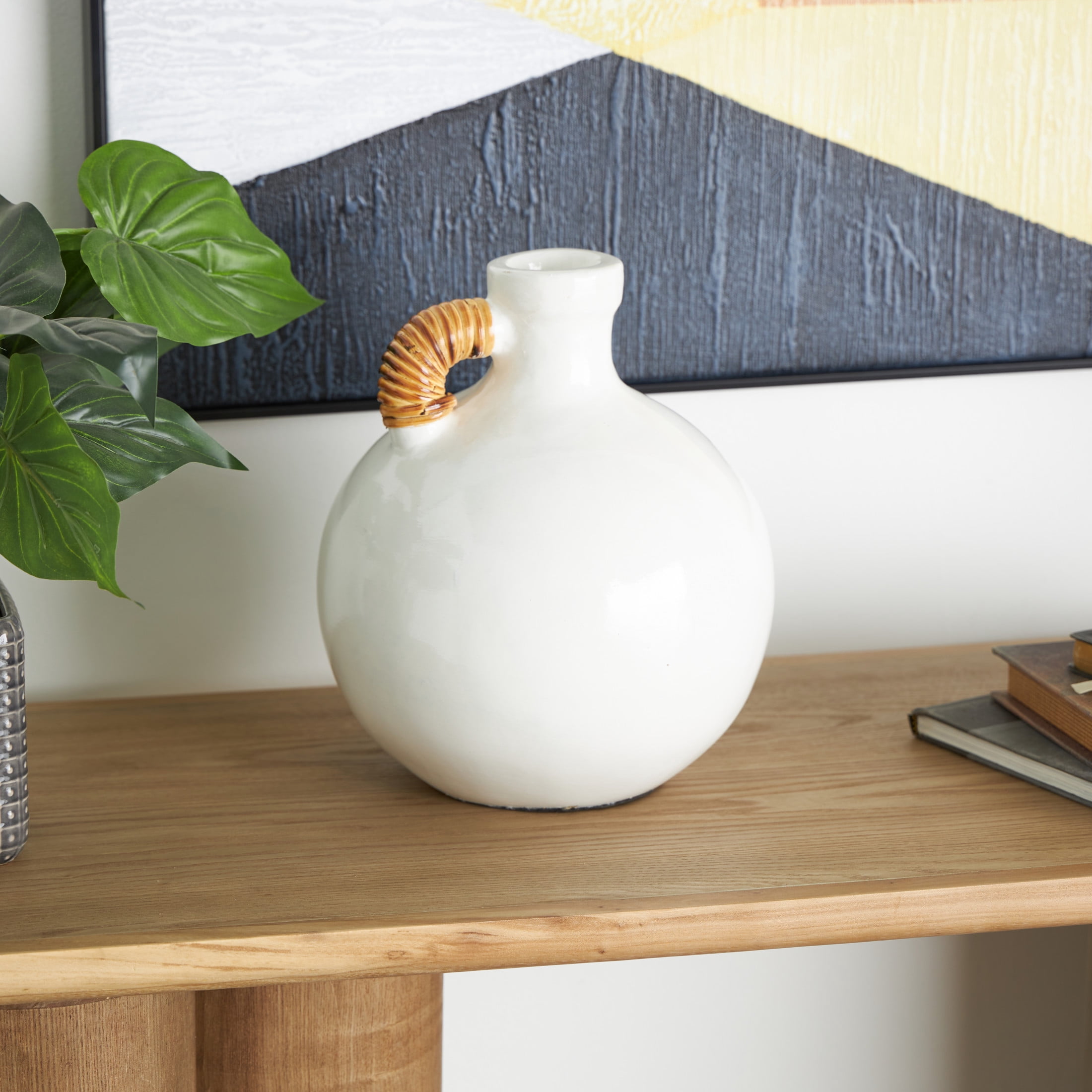 DecMode 11" Jug Inspired White Ceramic Vase with Rattan Wrapped Handle