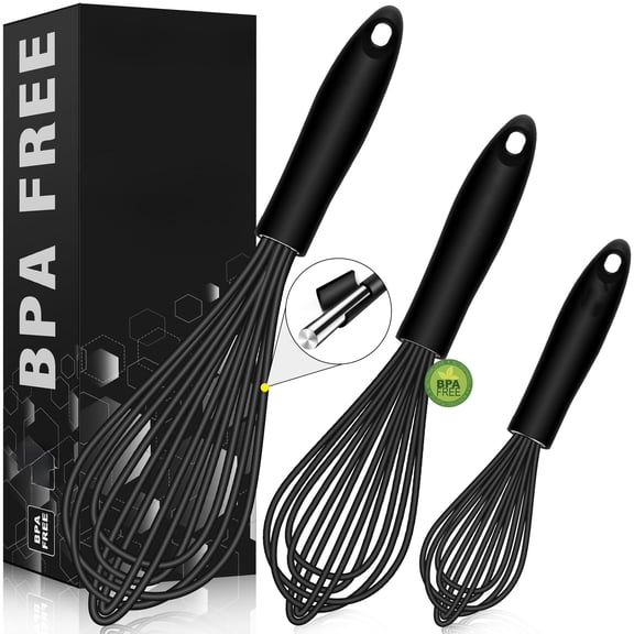 Silicone Whisk,Stainless Steel Wire Whisk Set of 3 -Heat Resistant 480°F Kitchen Whisks for Non-stick Cookware,Balloon Egg Beater Perfect for Blending,Whisking,Beating,Frothing & Stirring,Black