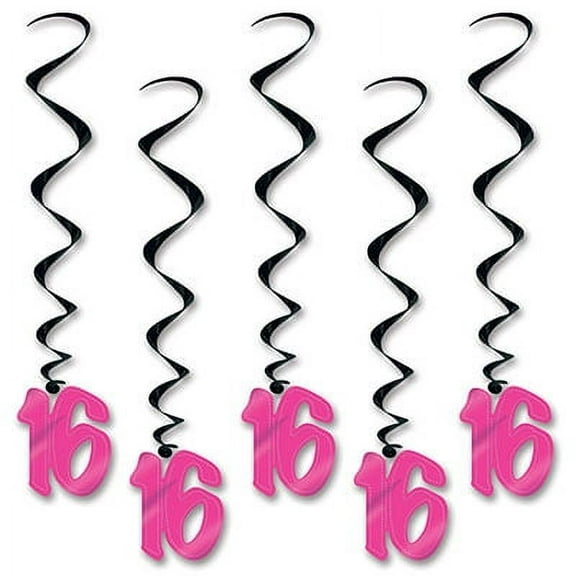 Beistle Pack of 30 Black & Cerise Pink 16th Birthday Metallic Spiral Hanging Party Decoration Whirls