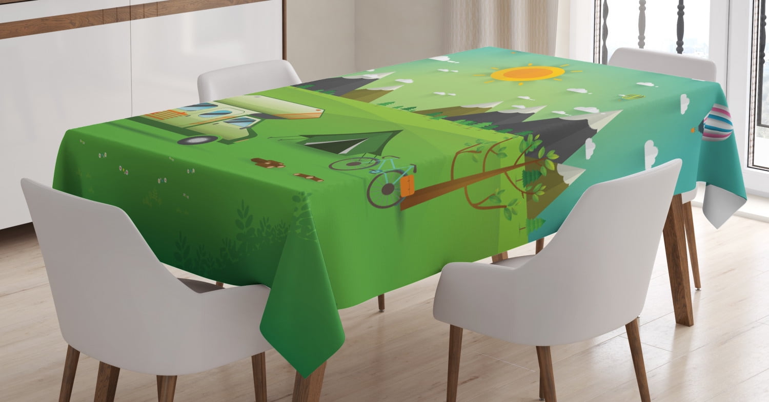 Happy Camper Tablecloth, Family Caravan with Bicycle and Balloons Outdoors Mountain Landscape