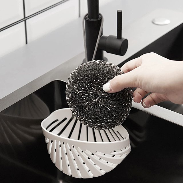 Soporte para esponja para fregadero, organizador para fregadero de cocina con correa ajustable, ahorro de espacio para encimera del fregadero