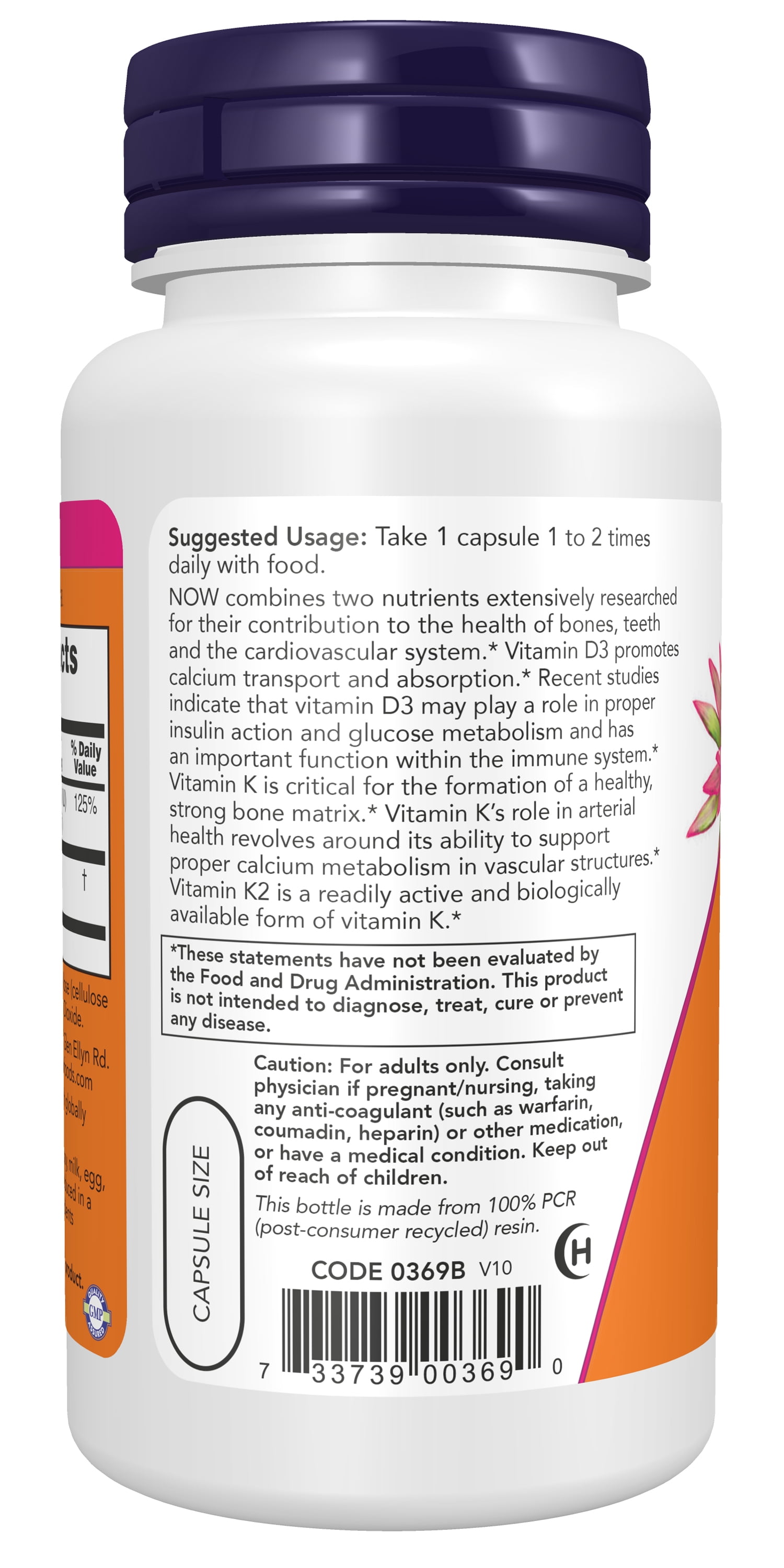 NOW Supplements, Vitamin D-3 & K-2, 1,000 IU/45 mcg, Plus Cardiovascular Support, Supports Bone Health, 120 Veg Capsules