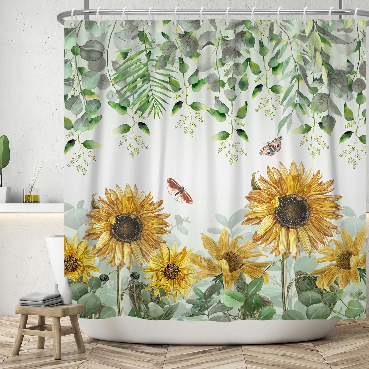 Spring Sunflower Shower Curtain,Green Leaves Waterproof Fabric Bathroom Curtain with Hooks,72x78 in