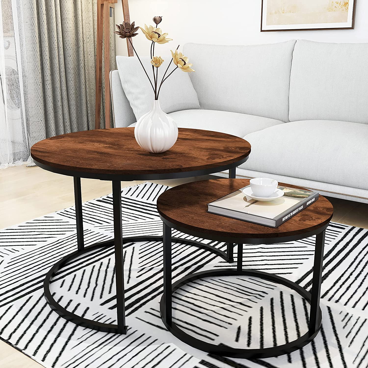 Round Coffee Table Set of 2 for Living Room Rustic Brown | Modern Nesting Side End Table Round Wooden Table with Solid Powder-Coated Metal Frame round nesting coffee table set of 2
