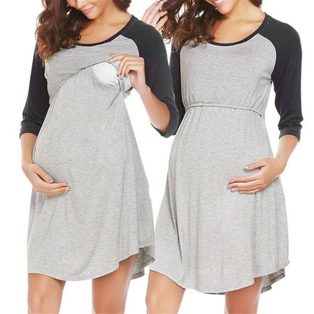 Fashion Maternity Dress Nursing Pregnant Women Breastfeeding Long Sleeve Dress Clothes Gray