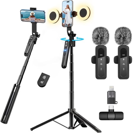 Content Creator Vlogging Kit for iPhone/Android,70-inch Auto Face Tracking Tripod for iPhone with Light and Wireless Microphones,TikTok/YouTube Starter Kit
