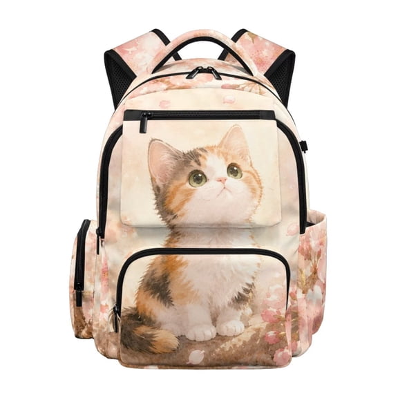 Kuiaobaty Cat Print Kids Backpack for Girls 8-10 Cherry Blossom Print Backpack with Bottle Holder Lightweight School Bookbag Daypack for School, Pink
