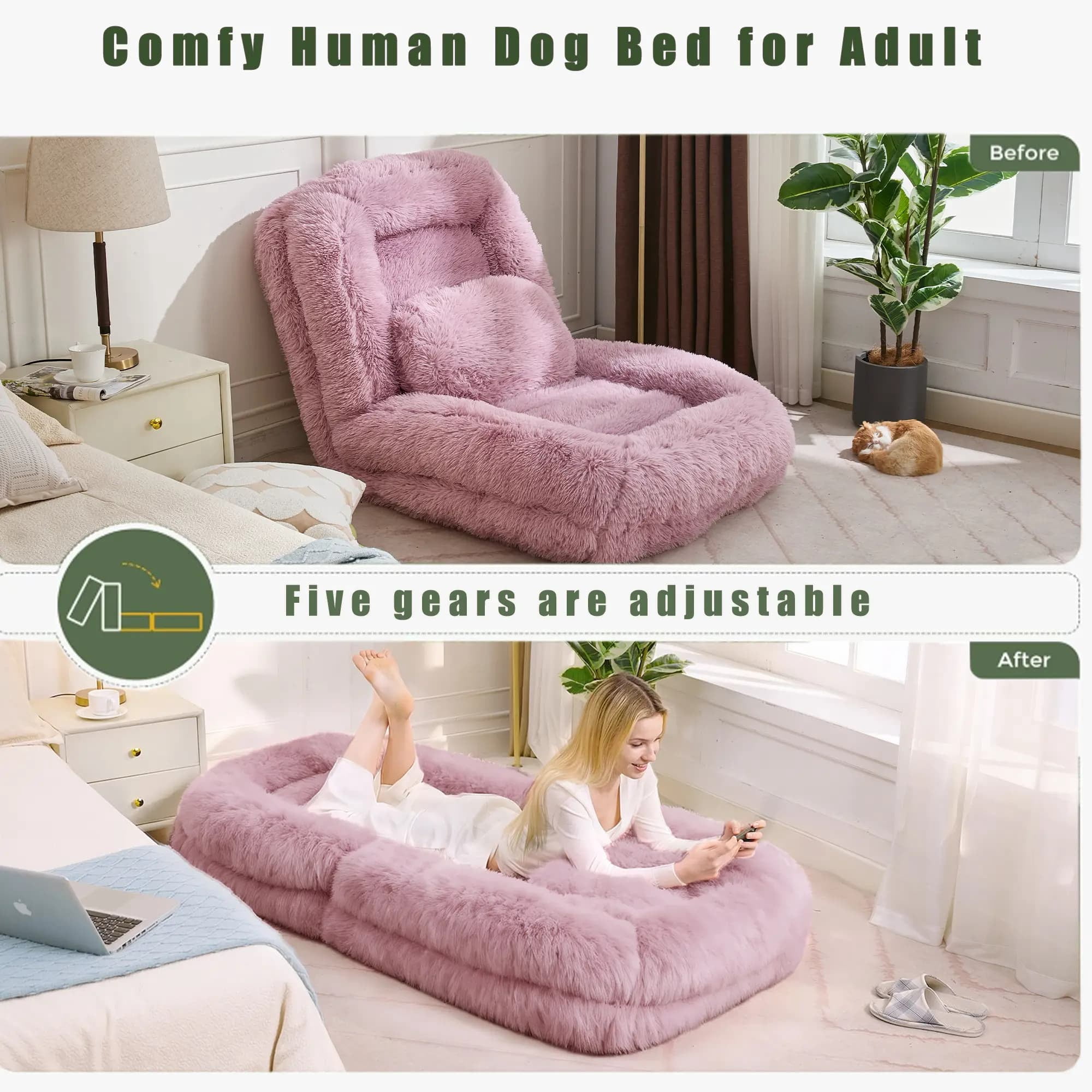 Aukfa Fold Lazy Sofa Bed, Floor Chair Small Couch with 5 Adjustable for Living Room, Plush Fabric,Pink