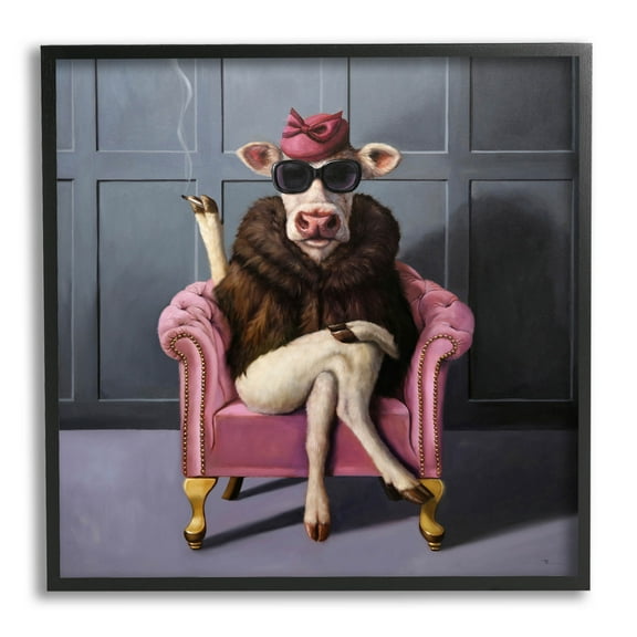 Chic Pink Glam Fashionable Cow Animals & Insects Painting Black Framed Art Print Wall Art