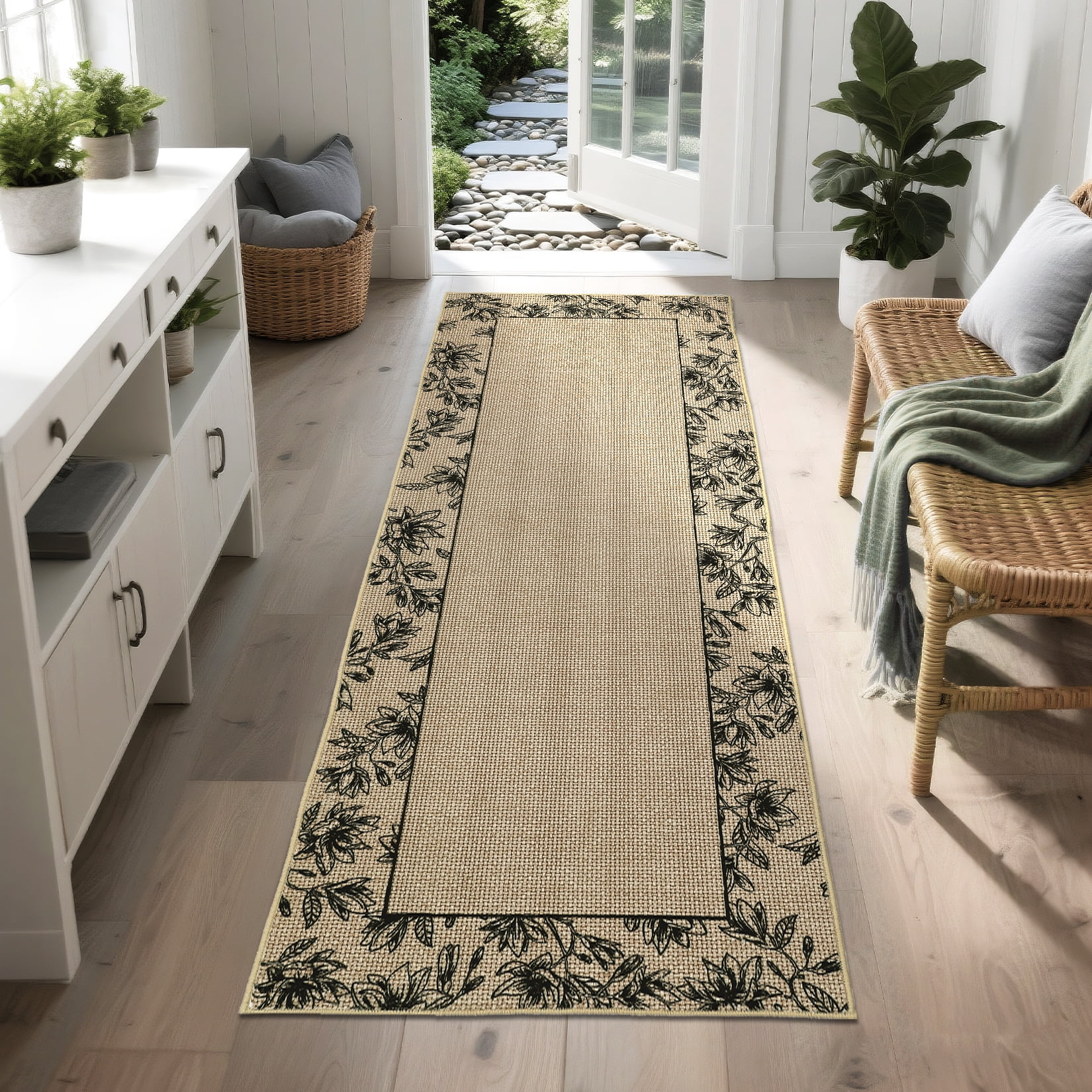 Garvee Washable Runner Rugs 2x6 Modern Bordered Rugs, Soft Ultra Thin Accent Carpet Non Slip Low Pile Rug for Hallway Kitchen Entryway Bathroom, Linen