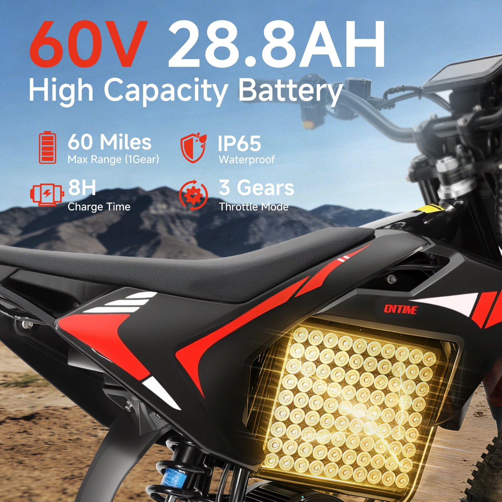 4500W Peak Electric Dirt Bike, 60V 28.8AH Battery Electric Motorcycle, 50MPH Max Speed & 60 Miles Range, Mid-Drive Motor, Dual Hydraulic Brakes, 14"/12" Fat Tire Off-Road E Bike for Adults, IP65 Wate