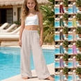 thumbnail image 6 of shoper Girls Linen Pants Elastic Waistband Flowy Wide Leg Beach Trousers with Pockets High Waisted Casual Comfy Loose Pants Summer, 6 of 6