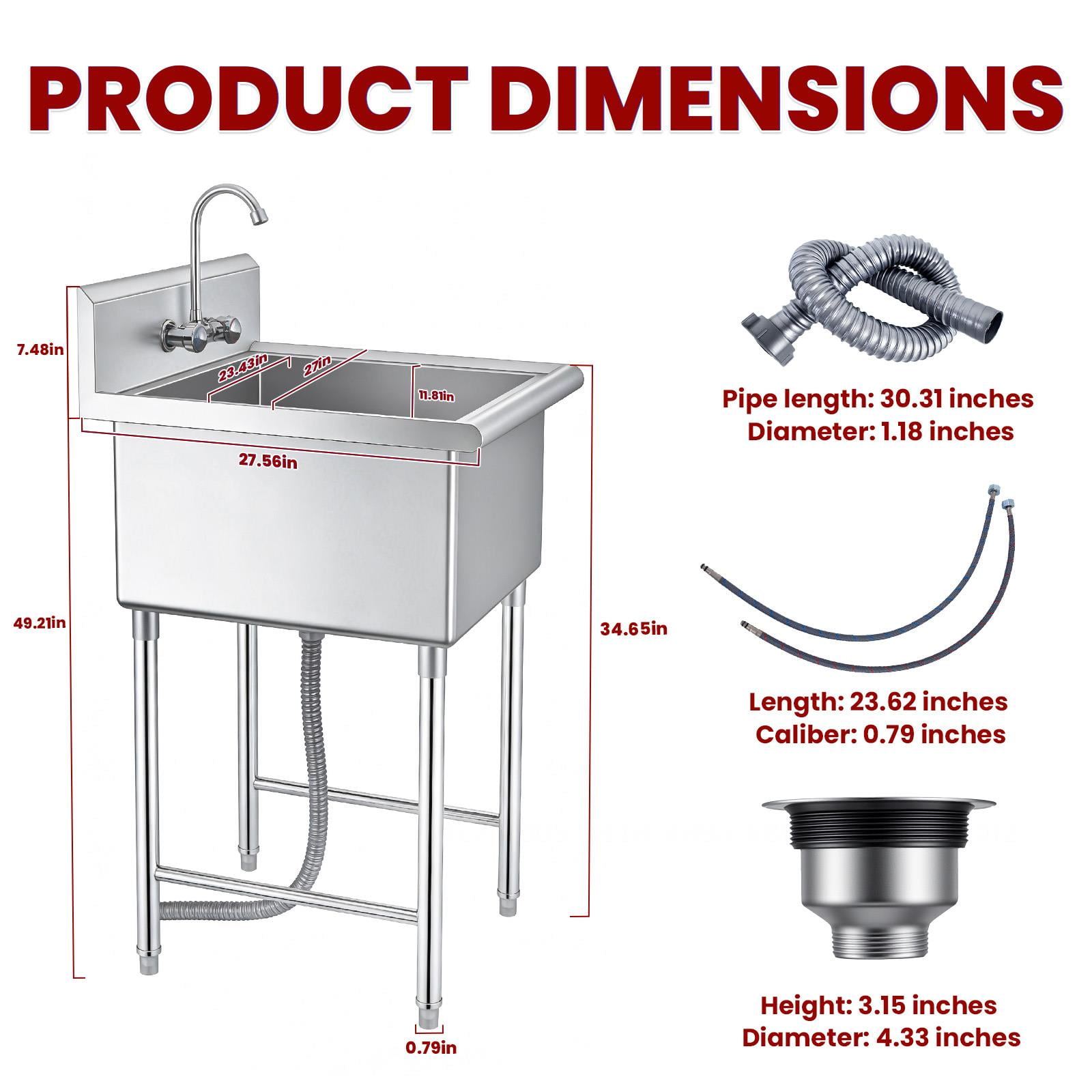 Home Utility Heavy Duty Laundry Garage Sink,  Freestanding Laundry Sink for Garage or Kitchen, Indoor Outdoor Utility Tub with Pull-Out Faucet, Towel Bar, 27.56” D*27” W*56.7” H