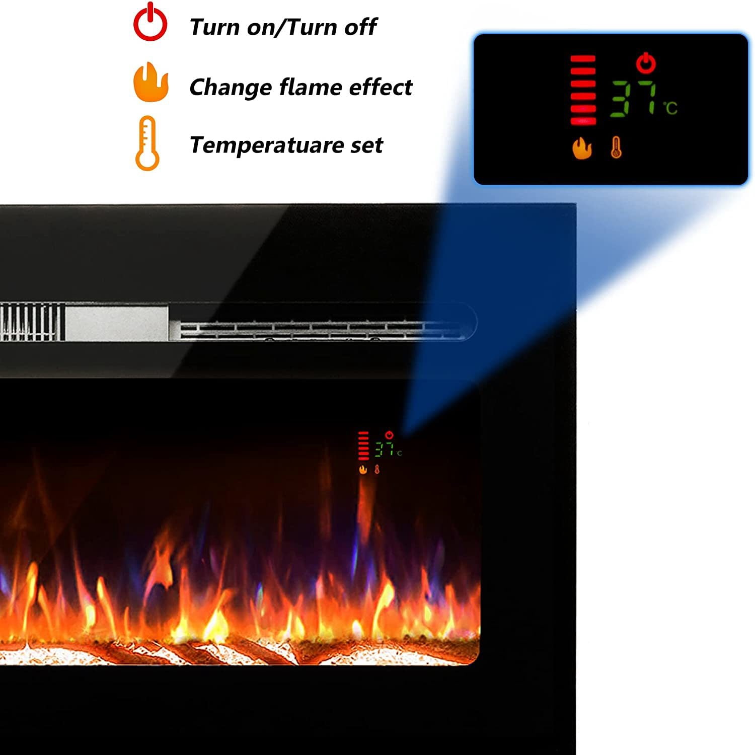BizHomart 60 Electric Fireplace, Recessed u0026 Wall Mounted Electrical  Fireplace with Bracket, Ultra Thin, Low Noise, Remote Control, Timer,  Logset u0026 Crystal, Adjustable Flame Color, 1500W, Black - Walmart.com