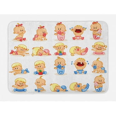 Gender Reveal Bath Mat, Newborn Composition with Various Face Gestures Crying Sleeping and Smiling, Non-Slip Plush Mat Bathroom Kitchen Laundry Room Decor, 29.5 X 17.5 Inches, Multicolor, Ambesonne