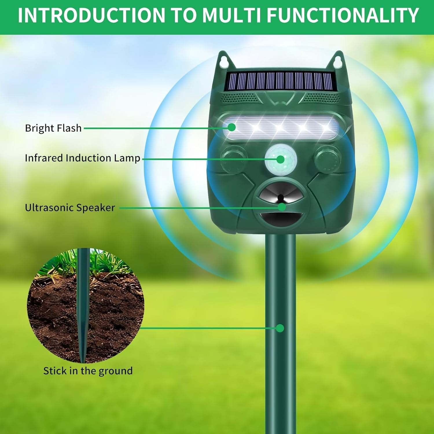JahyElec Solar Ultrasonic Animal Repellent Outdoor,Deer Repellent Devices Raccoon Repellent Repel  with Motion Detection and LED Flashing Light and Sound Bird Rabbit Shunk for Garden Yard