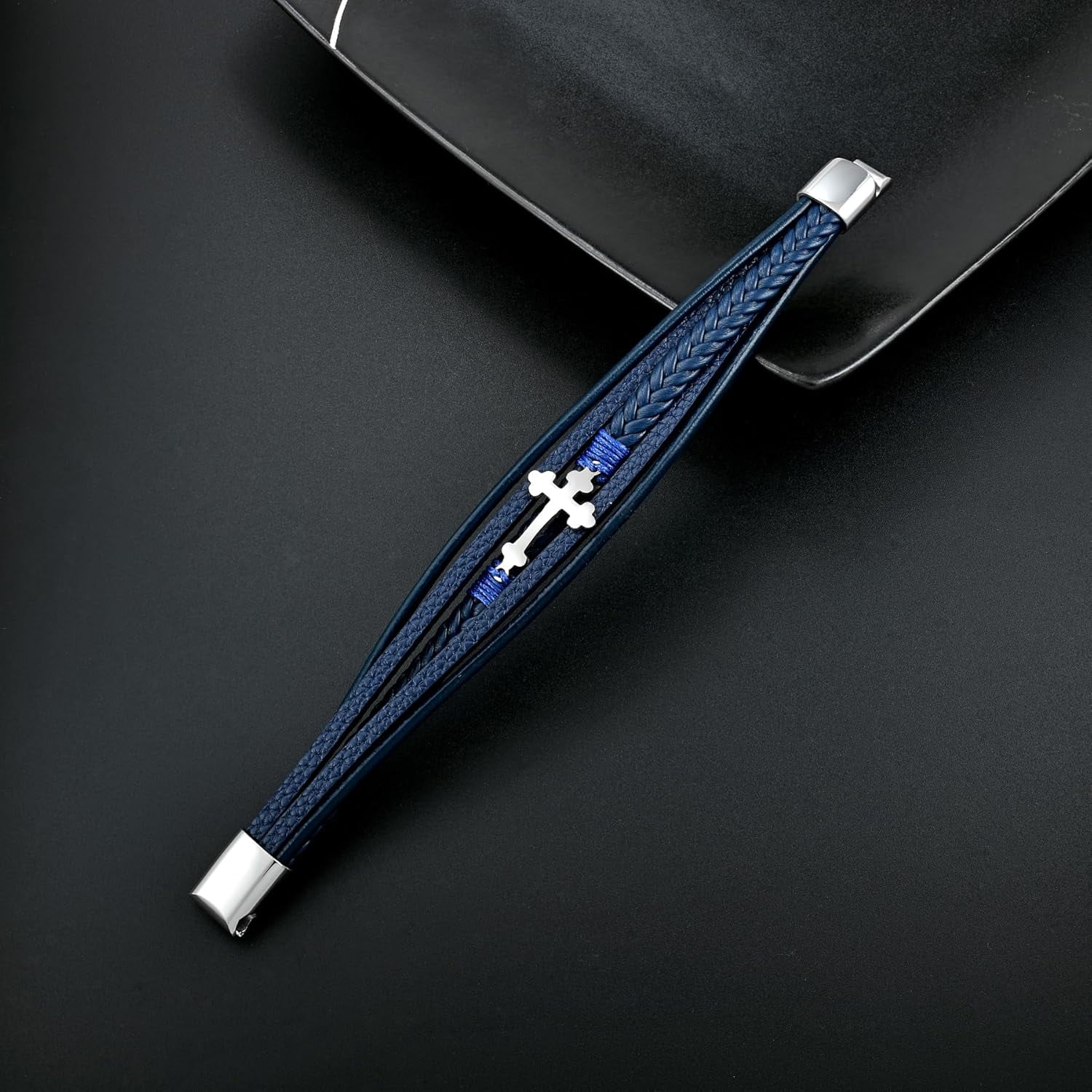 Mens Leather Cross Bracelet Multi-Layer Braided Faith Bracelet Religious Wristband Father's Day Birthday Jewelry Gifts for Men 8.5" Stainless Steel Buckle Bangle