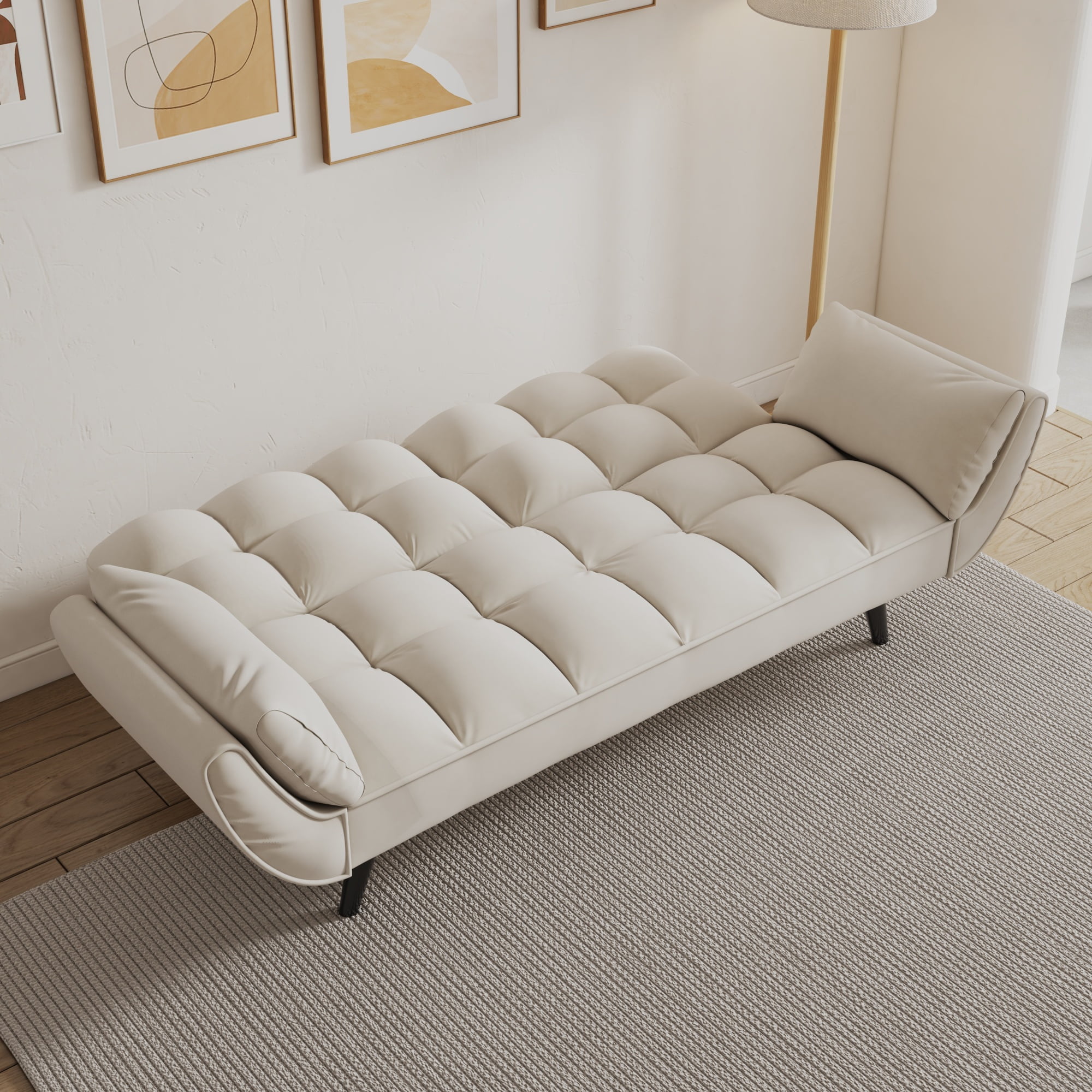 Leumius 74" Modern Loveseat Sofa for Living Room,Velvet Futon sofa bed with Adjustable Back & with 2 Throw Pillow for Bedroom,Small Spaces,Beige