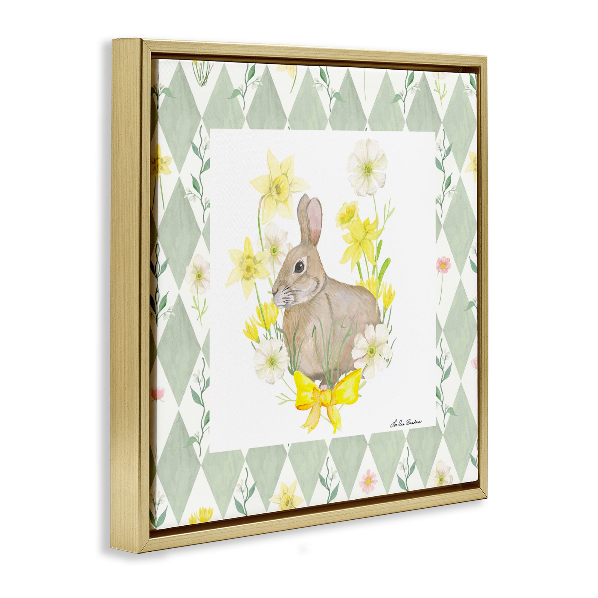 Mother Bunny on Green Argyle Gold Framed Floater Canvas Wall Art, design by Lee Ann Sanders
