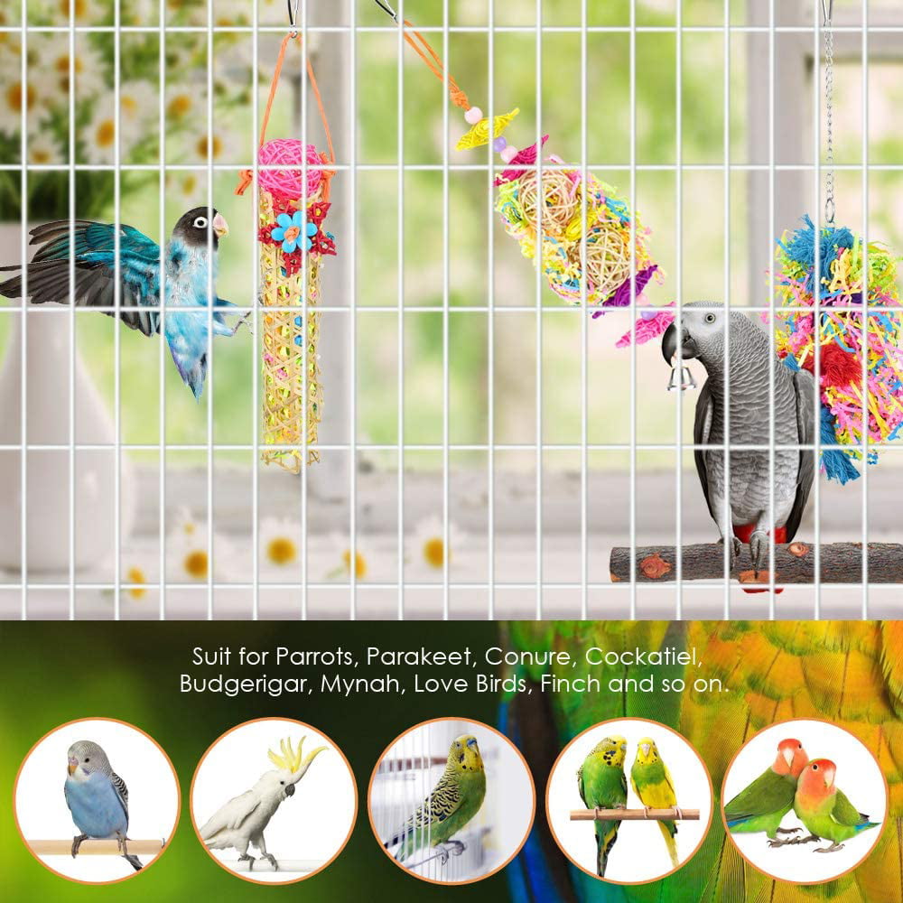 Mynah Cockatiel Conure Colorful Chewing Shredder Toys Shred Hanging Foraging Toys Bird Wood Perch Stand for Parakeet Finch KATUMO 4 Pcs Bird Parrot Toys Love Birds Small & Medium Pet Birds 