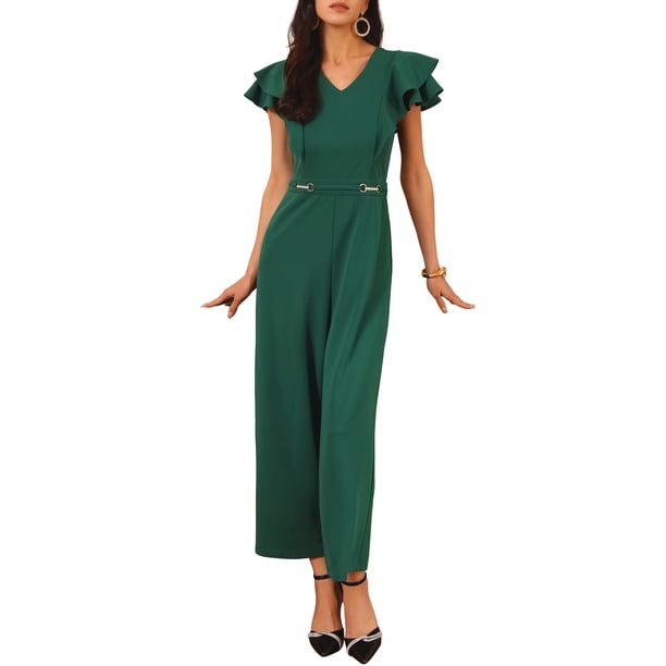 INSPIRE CHIC Monos Formales para Mujeres con Manga con Volantes, Cintura Alta, Cuello en V, Pantalones Largos Anchos XL Verde Oscuro