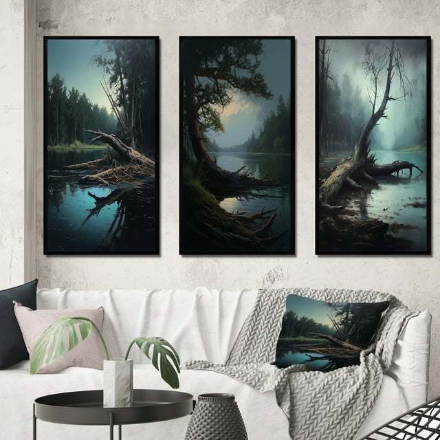 Designart "Mysterious Morning Fallen Tree by Misty Lake II" Lakehouse Framed Wall Art Set Of 3 - Blue Lake House Frame Canvas Set For Living Room Decor