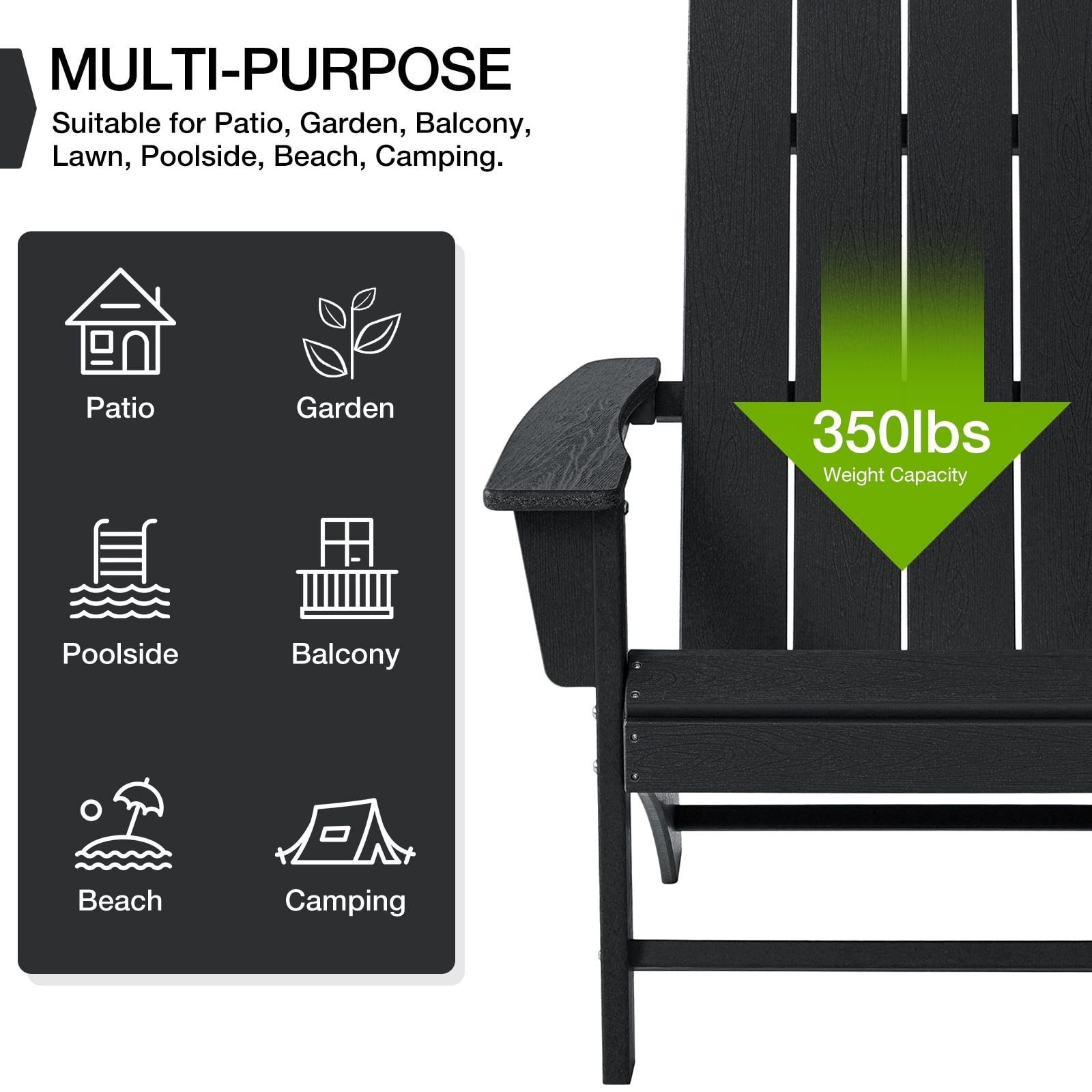Garpans Adirondack Chair All Weather Outdoor Adirondack Chair HDPE Outdoor Chair for Patio Front Porch Pool Garden Deck Fire Pit Outside, Black