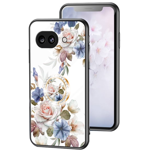 Dteck Flower Pattern Case for Google Pixel 10A, Pixel 10A Case with Built-in 360 Rotatable Ring Holder Kickstand Slim Shockproof Bumper Phone Cover,White