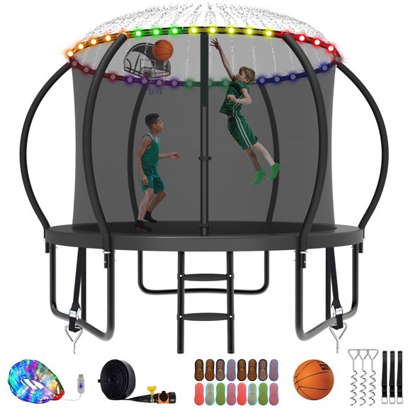 Kumix 8FT Trampoline with Enclosure, Basketball Hoop, LED Light, Sprinkler, Socks, Wind Stakes, Outdoor Heavy Duty Galvanized Full Spray Round Trampoline for Adults and Kids, Black