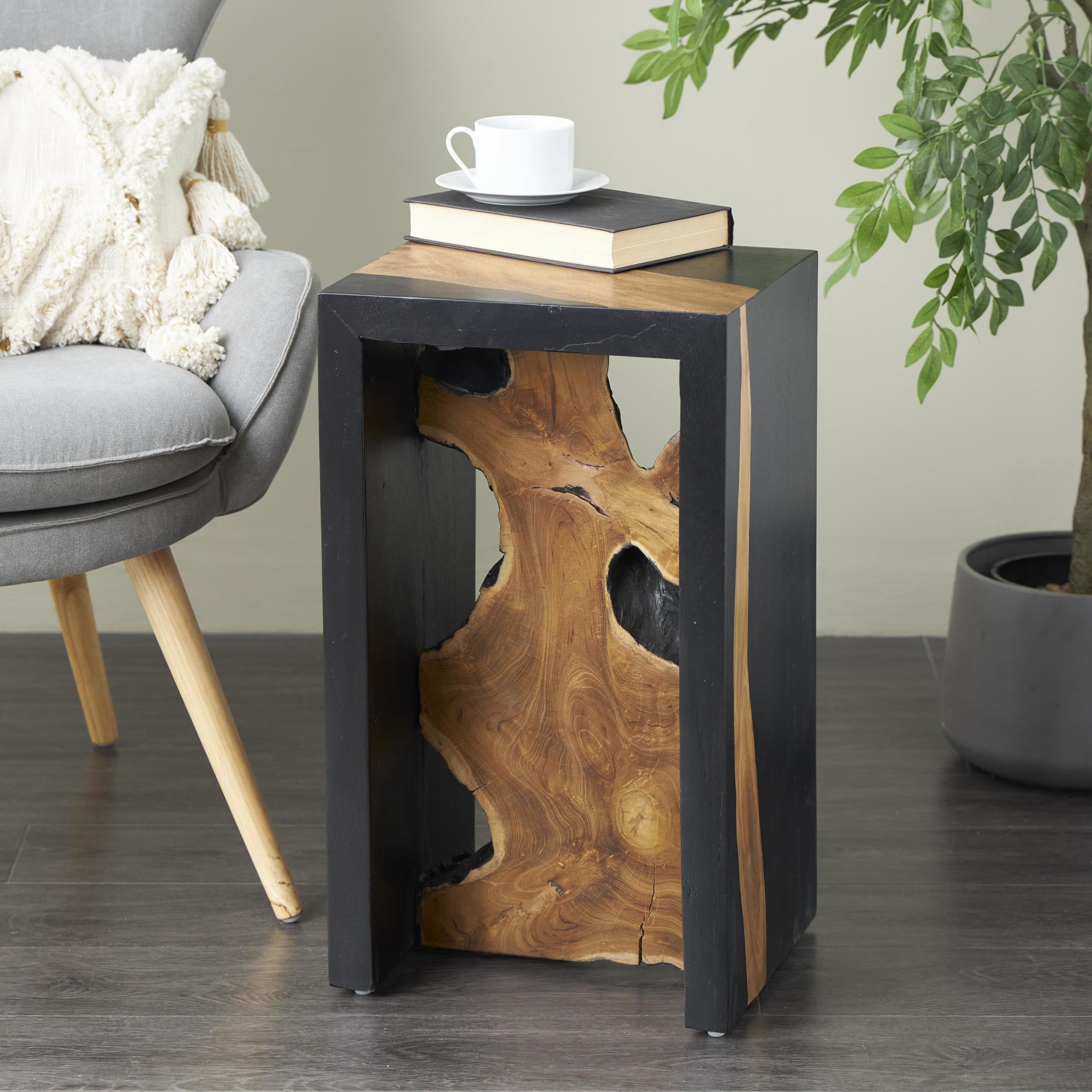 DecMode 14" x 24" Black Wood Handmade Block Accent Table with Brown Live Edge Wood Interior, 1-Piece