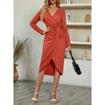 thumbnail image 5 of Women's Pleated Slit Midi Dress Elegant Evening Gown Fall Long Sleeve Solid V Neck Slim Fit Dress-Dark Green-XL, 5 of 7