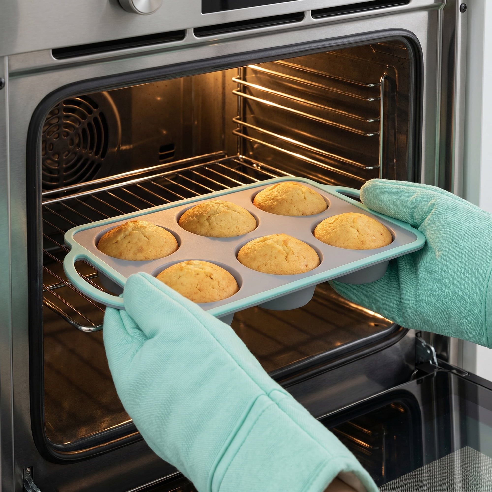 Unique Bargains Baking Pan 12-Cup Silicone Tray with Handles Gray/Green 12.8"x7.1"x1.5"