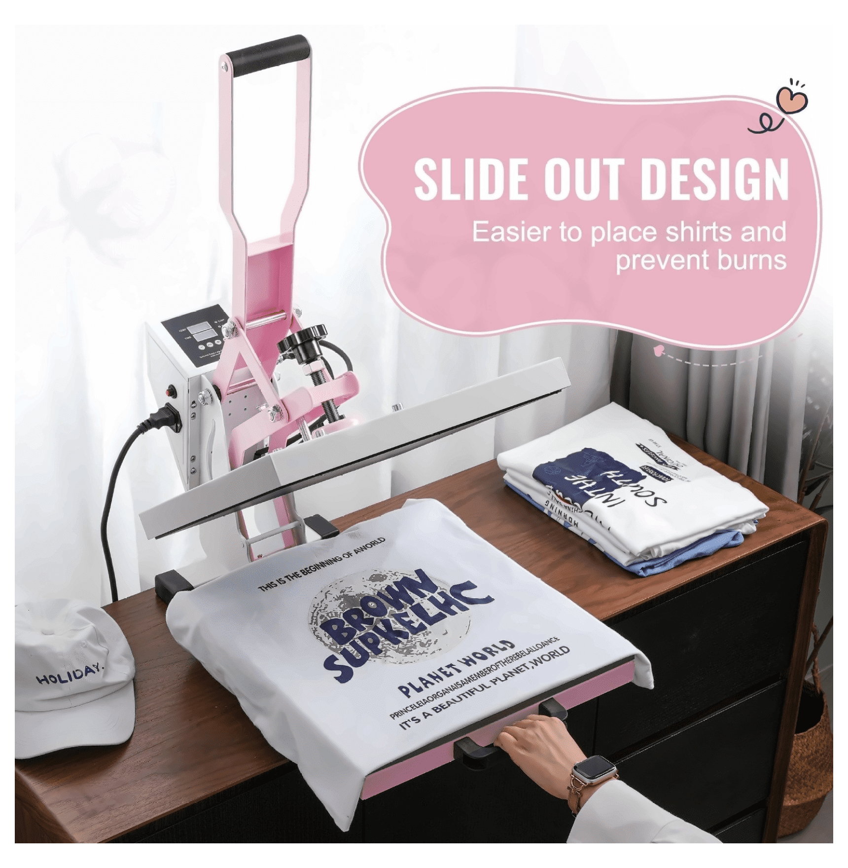 Heat Press Machine 15x15 Pink - Slide Out Transfer Press for T-Shirts, DIY Crafts, Pillowcases - Digital Control, Safe Design