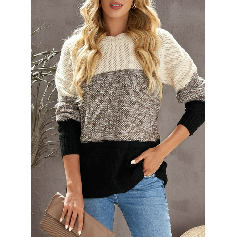 Women's Loose Fit Oversize Colorblock Stripe Multi Color Color Block Crew Neck Knit Side outlets Slit Pullover Sweater Top Fall Winter