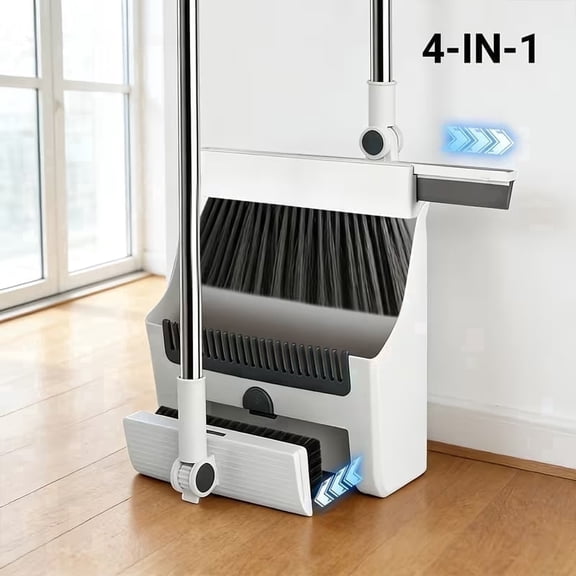 Jiasling 4-in-1 Broom and Dustpan Set with Floor Brush, Squeegee Broom, Long Handle, Upright Standing Design, Cleaning Tools Combo, White