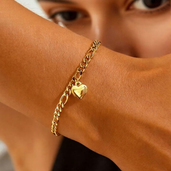 Smooth Heart Charm Figaro Link Wrist Bracelet For Men Women, 14K Gold Filled Clean Silhouette Sophisticated Timeless Craft Jewelry