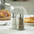 thumbnail image 2 of Basicwise Multifunctional Glass Salt and Pepper Shaker Set with Stainless Steel Holder - Perfect for Kitchen Counters, Kitchen Tables, Dining Tables, and Restaurants, Featuring a Refillable Design, 2 of 7