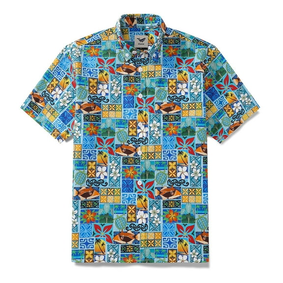 YIUME Men's Hawaiian Shirt Vintage Cotton Button-down Short Sleeve Aloha Shirt