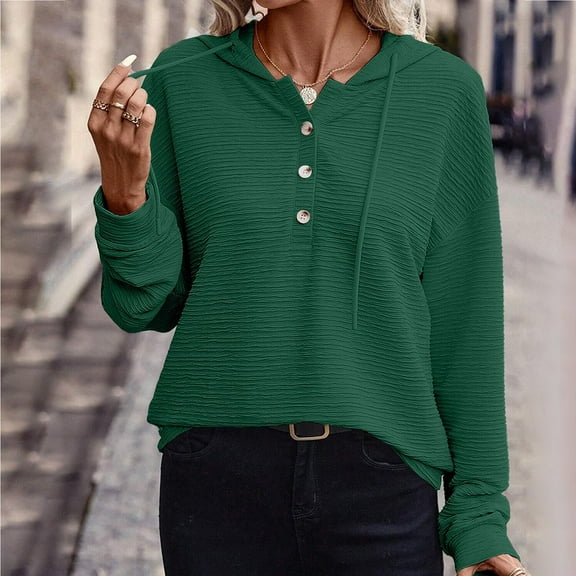Free Shipping Womens Fall Hoodies Casual Long Sleeve Drawstring Button Collar Shirts Trendy Lightweight Hooded Sweatshirt
